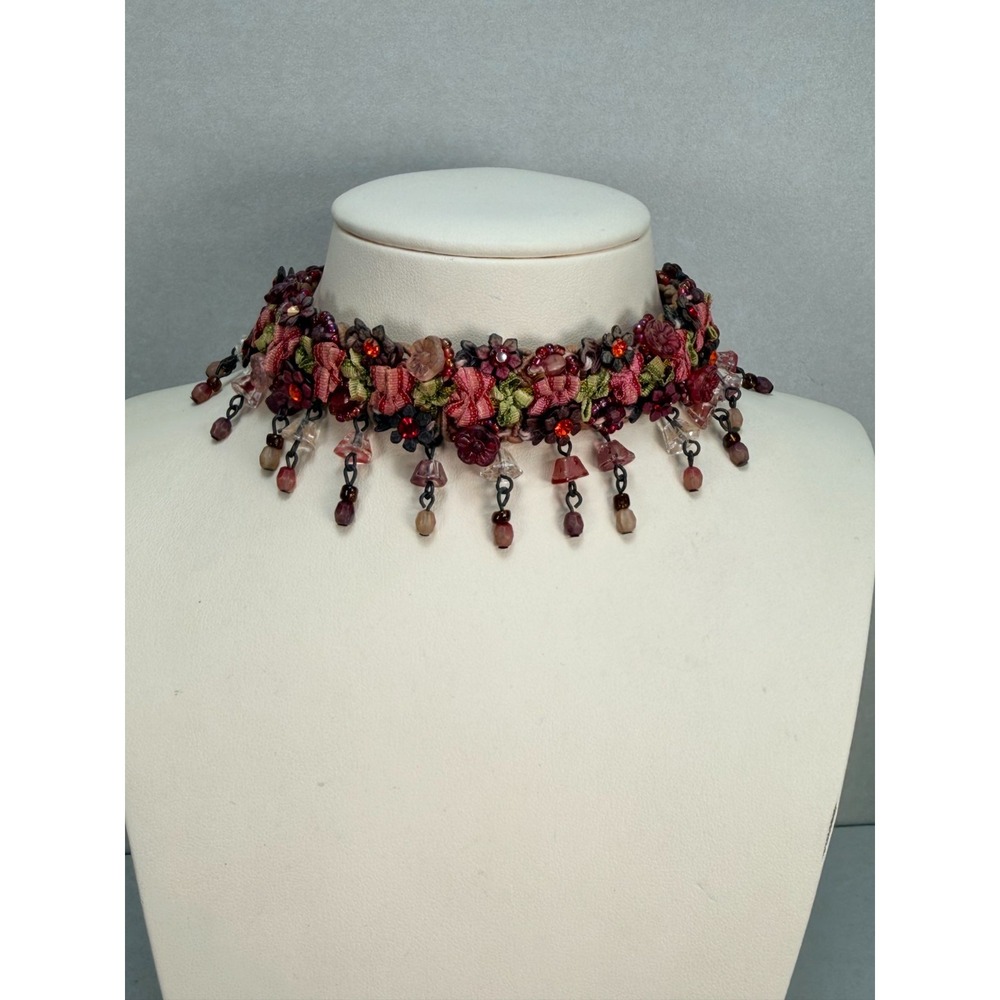 Vintage Floral Ribbon Choker Necklace Burgundy Glass Beaded Statement Boho